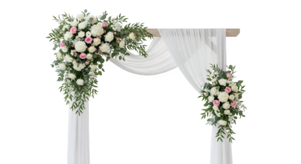 Elegant wedding arch adorned with lush white and pink floral arrangements and flowing white fabric isolated on transparent background