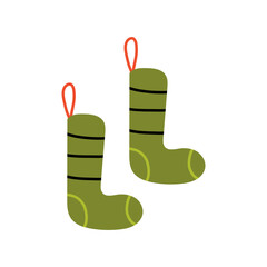 Childlike cartoon-style pair of cozy Xmas socks with gifts and decorations, playful festive clipart.