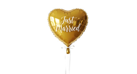 Golden heart shaped balloon with just married text isolated on transparent background