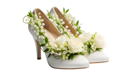 Elegant white high heel shoes adorned with delicate white roses and lilies of the valley isolated on transparent background