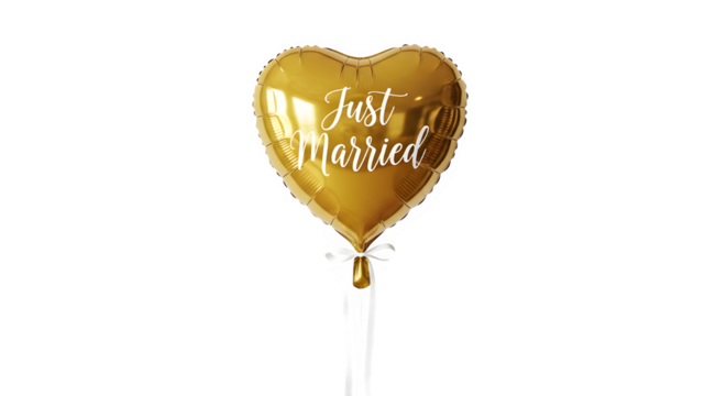 Golden heart shaped balloon with just married text isolated on transparent background - Powered by Adobe