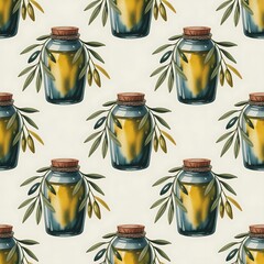 Hand painted watercolor seamless pattern of antique glass bottles filled with golden liquid and olive branches
