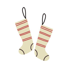 Childlike cartoon-style pair of cozy Xmas socks with gifts and decorations, playful festive clipart.