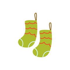 Childlike cartoon-style pair of cozy Xmas socks with gifts and decorations, playful festive clipart.
