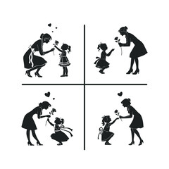 Mother and Daughter Silhouette Vector Set &ndash; Woman Giving Flower to Little Girl with Love Hearts