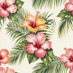Vibrant watercolor hibiscus flowers and palm leaves create a seamless tropical floral pattern for summer design