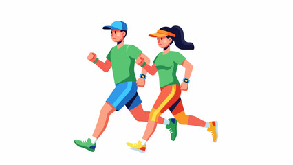 A graphic illustration of a man and a woman jogging together, wearing athletic sportswear and smartwatches on a white background.