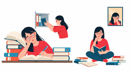 A young female student studying diligently, reading books, and looking tired from academic work.