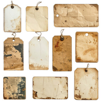 A collection of ten grungy, aged paper tags with attached twine, set against a solid black background.