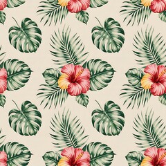 Vibrant watercolor tropical floral pattern with hibiscus flowers and lush green palm leaves