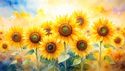 Obraz premium Watercolor painting features vibrant sunflowers illustration depicts bright sunflowers in painted style