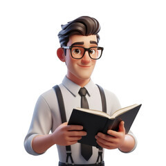 Cartoon man with glasses reading a book isolated on transparent background