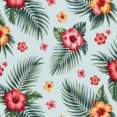 Vibrant tropical floral pattern with hibiscus flowers and palm leaves on a soft blue background