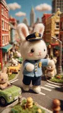 Adorable Knitted Bunny Police Officer Directs Traffic in a Whimsical Cityscape with Toy Cars and Buildings.