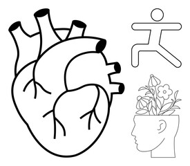 Anatomical heart, flower-growing human head, and running figure representing health, creativity, emotional growth, active lifestyle, mindfulness, inner peace resilience. Ideal for mental wellness
