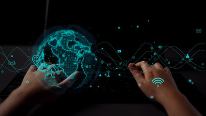 A captivating image of hands typing on a laptop, surrounded by a digital globe and connection symbols, highlighting the essence of global communication through technology. Xenic