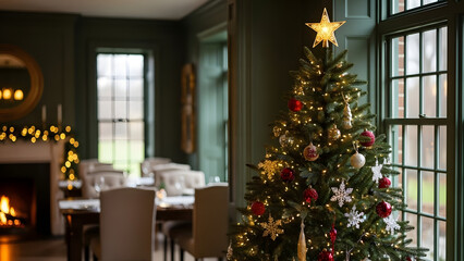 Obraz premium Festive Christmas Tree Decorated with lights ornaments and a glowing star in a cozy home interior