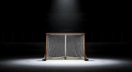 Empty Hockey Net Illuminated by Spotlight on Ice Rink.