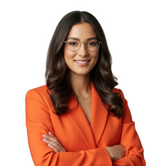 Young woman in orange blazer smiling with arms crossed isolated on transparent background