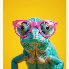 Closeup of a chameleon wearing pink glasses