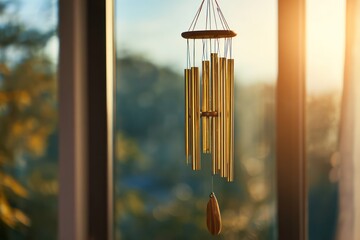 Golden Wind Chime Hanging by Window Peaceful Day