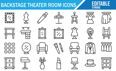 Stage preparation and backstage room outline icon set, performance support symbols