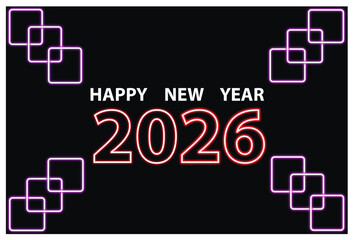 Happy New Year 2026 Celebration Banner: Neon Style Text with Geometric Square Patterns on Dark Background