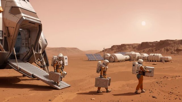 Team of space travelers in protective suits unloads cargo from a lander on planet Mars. Establishing a new colony with a solar-powered base. Panning shot.