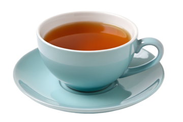 An inviting close-up of a perfectly brewed, warm amber-hued tea in a classic light blue ceramic teacup, resting on its matching saucer, symbolizing comfort and a relaxing break