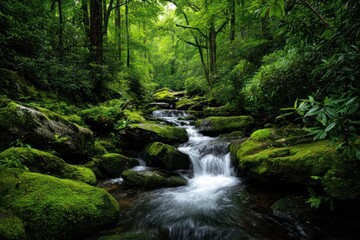 Obraz premium Vibrant Green Forest and Waterfall Flowing Over Mossy Rocks