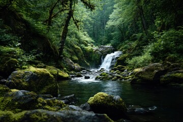 Obraz premium Stunning Waterfall Cascading Through Lush Mossy Green Forest