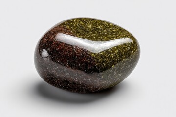 Shiny Rock Beauty: A polished stone, gleaming with a mix of earthy red and verdant green hues, sits bathed in soft light, showcasing the natural beauty and textures of minerals.