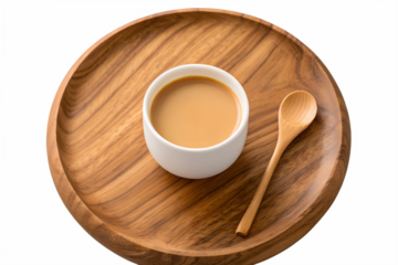 A warm cup of milky tea or coffee served in a white ceramic mug on a round wooden tray with a wooden spoon, presented on a white background