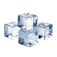 Four clear, wet ice cubes stacked on a solid black background.