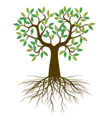 A Tree drawn by hand. Green leaves on branches. Vector outline Illustration.