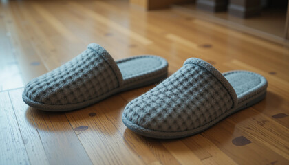 Hotel slippers placed on a wooden floor, offering comfort and relaxation