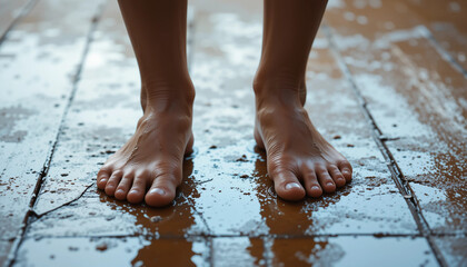 Bare feet standing on a wet wooden floor, capturing a refreshing and natural moment
