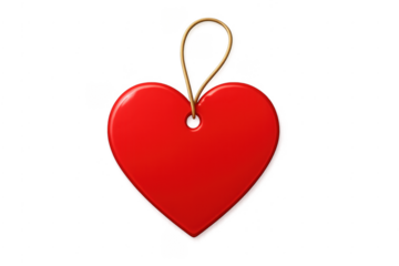 Red glossy heart tag hanging on transparent background