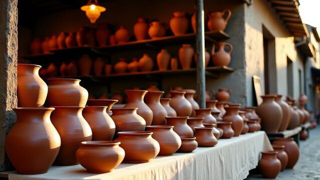 Traditional pottery display at village marketplace