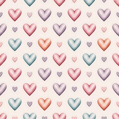 Soft pastel watercolor heart pattern seamless repeating background for valentines day and romantic designs