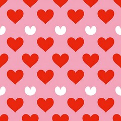 Seamless pattern of red and white hearts on a soft pink background for valentine s day