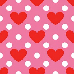Seamless pattern of red hearts and white polka dots on a vibrant pink background for valentine s day
