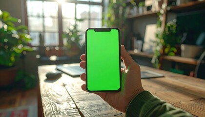 Person Holding Green Screen Smartphone Indoors with Sunlight and Plants