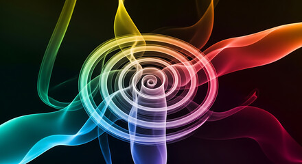 Vibrant abstract design featuring a swirling vortex of colorful smoke plumes, radiating dynamic energy and movement against a dark background, creating a captivating visual effect