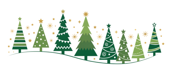 Collection of green Christmas trees and golden Stars in different design - vector illustration