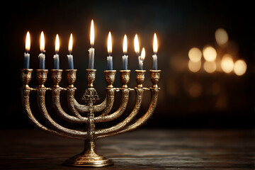 Golden menorah with lit candles on wooden surface with bokeh lights
