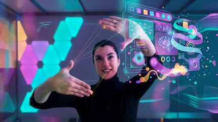 Woman Interacting With Colorful Futuristic Holographic Interface