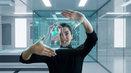 Woman Examining Holographic Human Anatomy Display