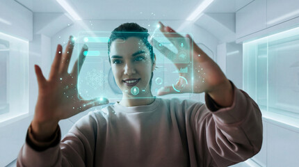 Woman Using Futuristic Holographic Control Panel