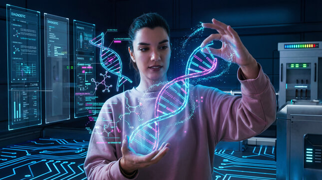Woman Studying Futuristic Holographic DNA Helix - Powered by Adobe